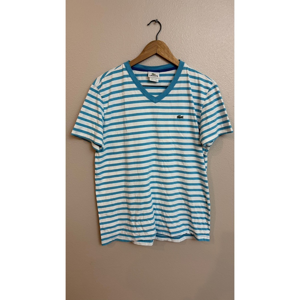Lacoste V-Neck T-Shirt Size 5 Large Blue White Striped Cotton Short Sleeve Tee